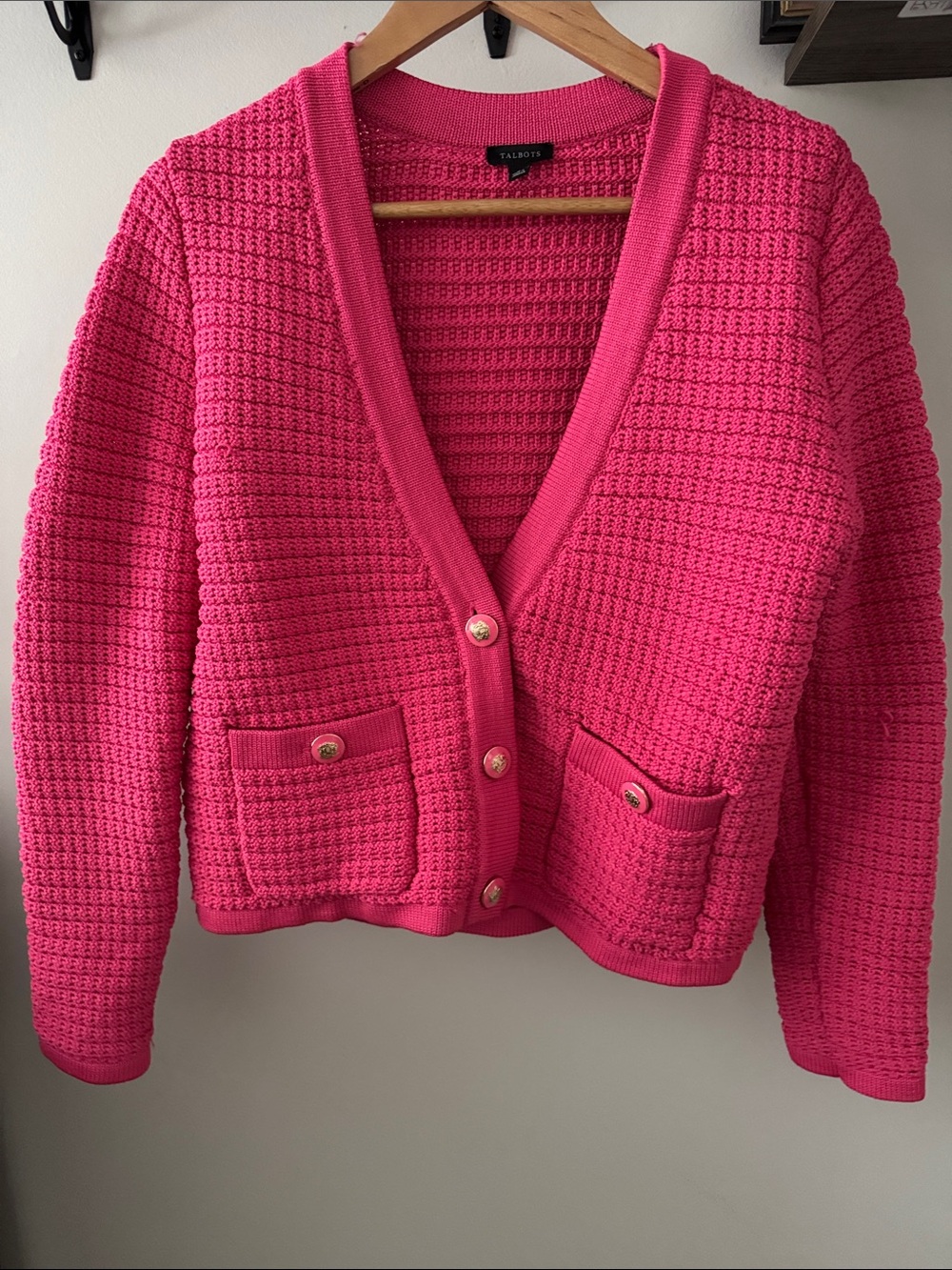 Talbots Hot Pink Textured V‑Neck Pocket Cardigan